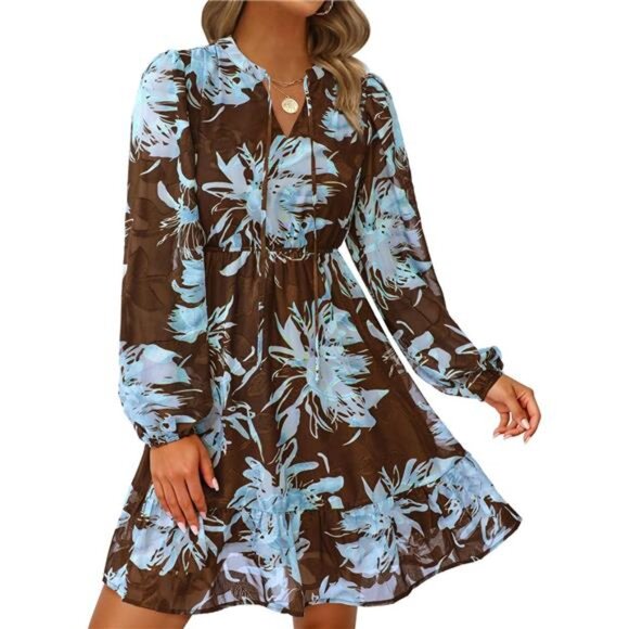 Women's Floral Long Sleeve V Neck Mini Dress Brown Blue - Picture 1 of 6